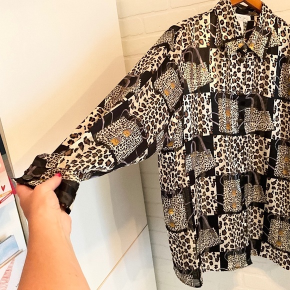 Vintage Button down shirt Long sleeve Mobwife Mixed Animal print Black Sheer 18 - Picture 13 of 14